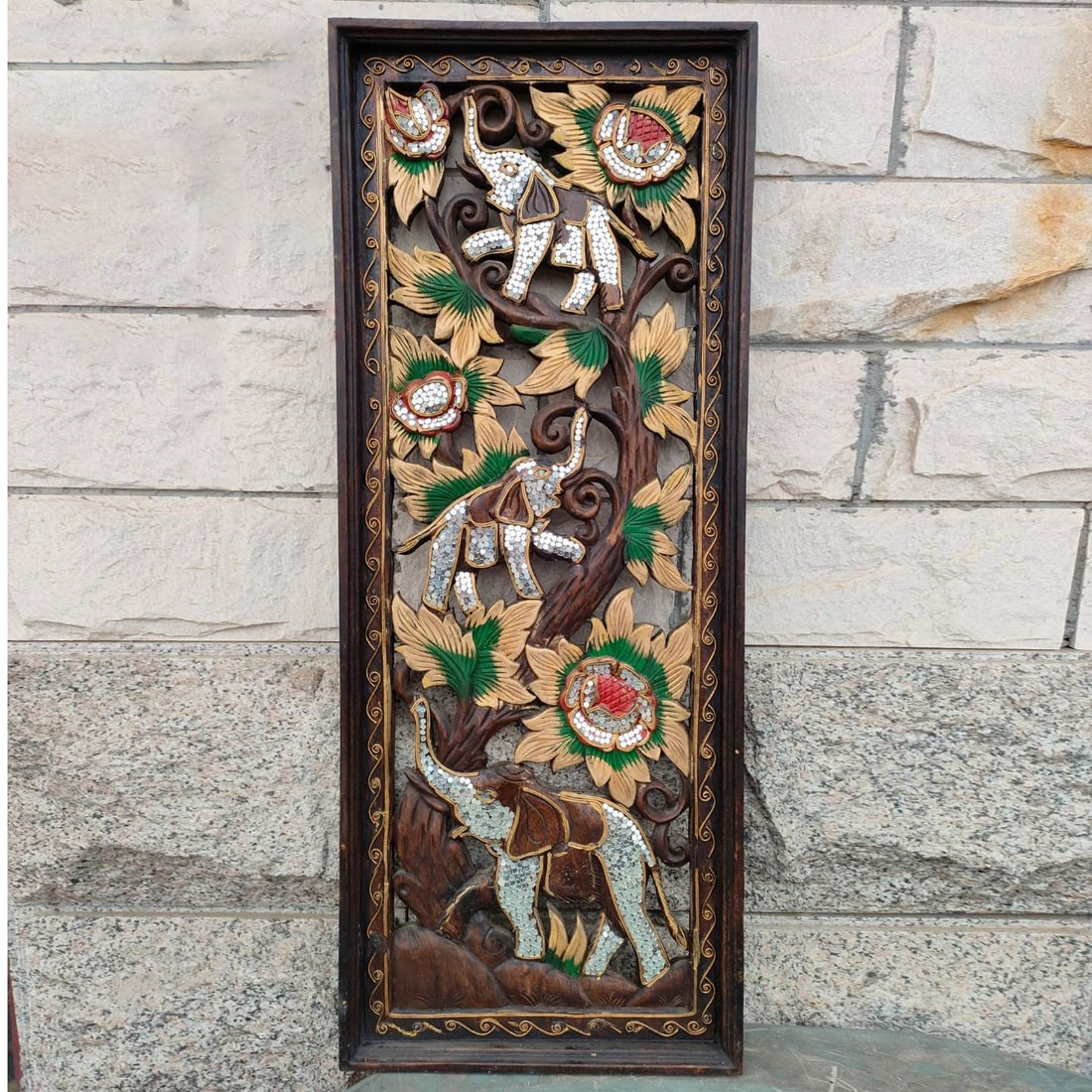 Old teak single plank openwork carving of auspicious elephants and ruyi (good fortune) plaque.: An old teak wood plaque with openwork carvings of auspicious elephants and ruyi scepters, made from a single plank. Dimensions: 100cm high, 39cm wide, frame thickness 4.5cm.