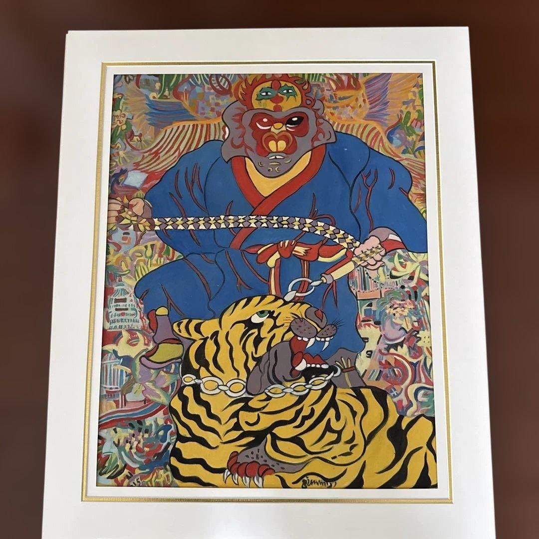Jimmy Onishi “Tiger (March 2003) – Original Oil Painting, Double-Sided Signed, Framed: This is an original hand-painted oil work titled “Tiger”, created in March 2003 by Japanese contemporary artist Jimmy Onishi. The artwork vividly depicts a monkey and a tiger in a bold and col