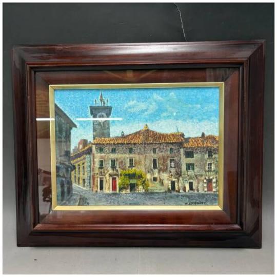 Koji Oyanagi Oil Painting “Street with a Bell Tower, Oliveto, Italy (1977) – Issuikai Member: This is an original oil painting titled “Street with a Bell Tower, Oliveto, Italy”, created in 1977 (Showa 52) by Japanese painter Koji Oyanagi. Oyanagi is a member of Issuikai, a respected Ja