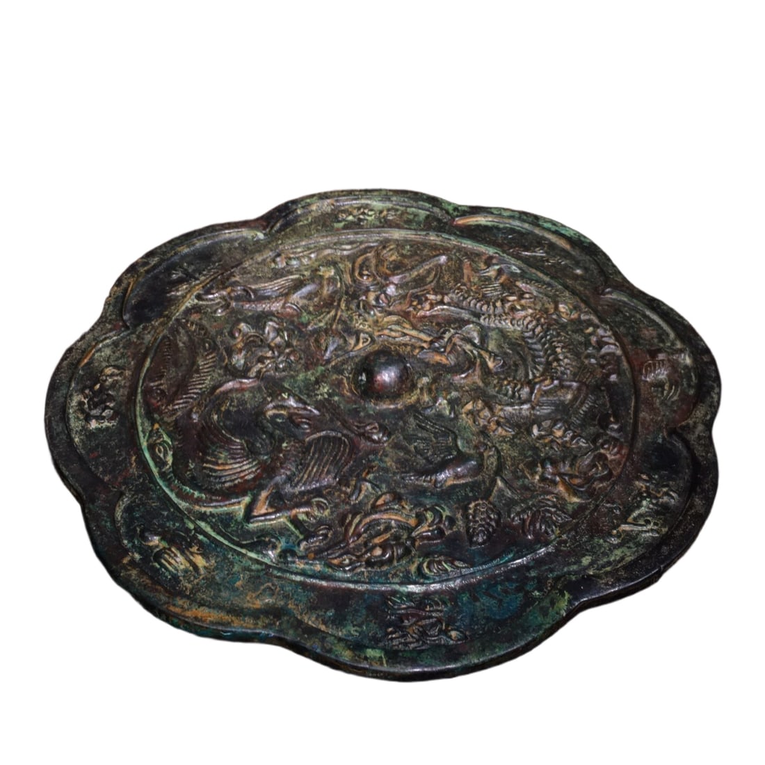 Bronze mirror with dragon and phoenix pattern and sunflower design. (1 of 10)