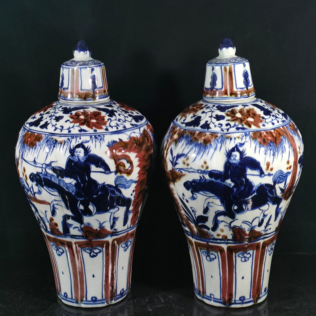 A pair of blue and white underglaze red meiping vases with Tang Dynasty Emperor Taizong figures. (1 of 9)