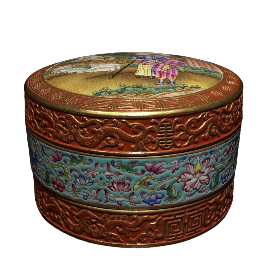 Cloisonné enamel porcelain set with figures, flowers, and official patterns. Three-piece set. (1 of 10)