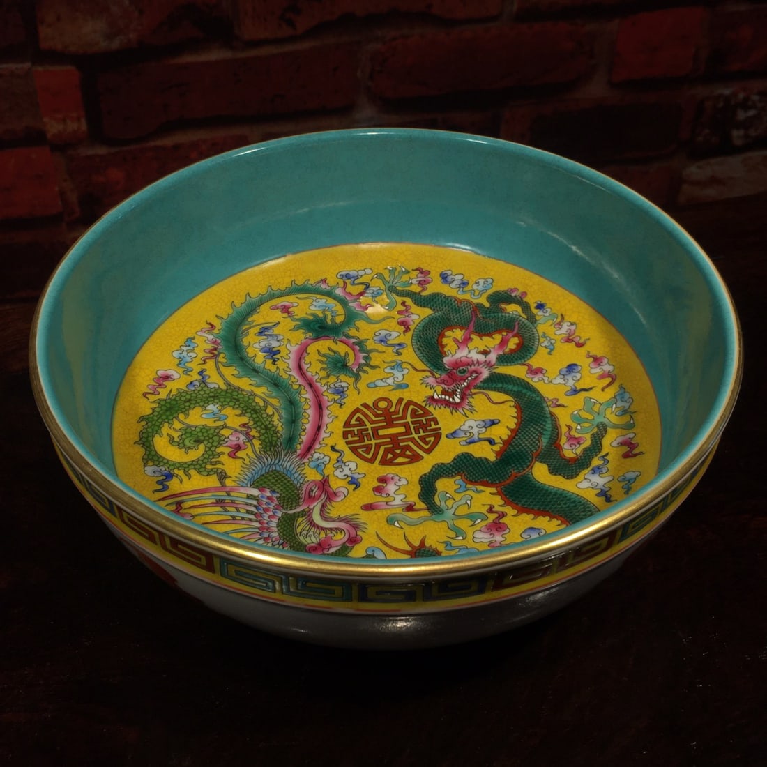 Cloisonné enamel ware with yellow ground, decorated with dragons, phoenixes, and flowers, large (1 of 9)