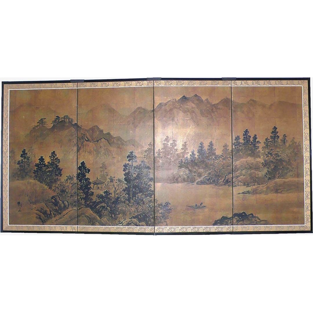 4-Panel Folding Screen – “Mountain Village Landscape?? – Nihonga with Gold Leaf (1 of 12)