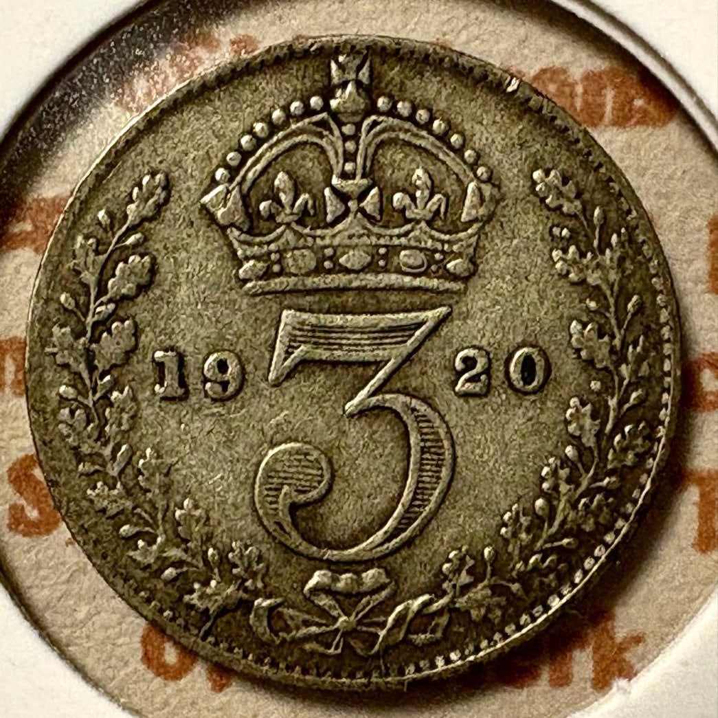 British 3 pence silver coin, 1920, during the reign of King George V. (1 of 3)