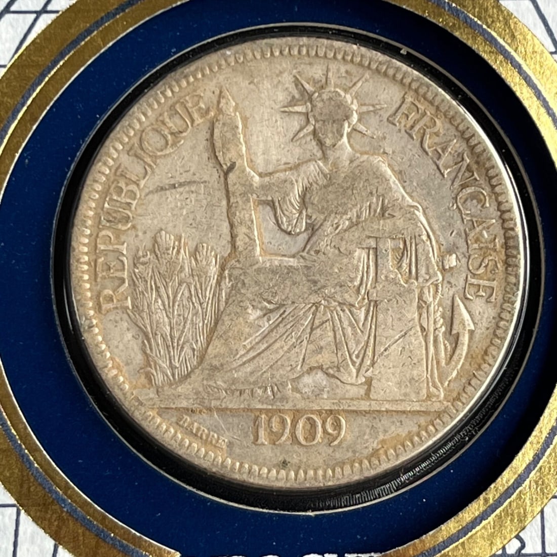 Authentic 1909 French Indochina 1 Piastre silver coin, 27 grams. (1 of 4)