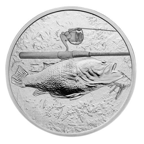 American "Gun and Fishing Rod" bass pattern silver coin, 1 ounce, with transparent box. (1 of 2)