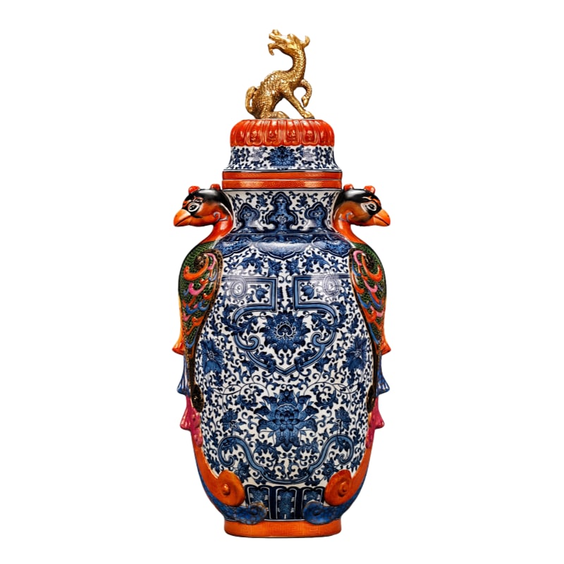 Qianlong Reign of the Great Qing Dynasty Blue and White Bottle with Twined Lotus Design: Qianlong Reign of the Qing Dynasty Blue and White Porcelain Bottle with Twining Lotus Design, Embossed Double Phoenixes, Enamel Fill, Ear Patterns, and Gold Band. It measures 59 cm in height, 24 cm in