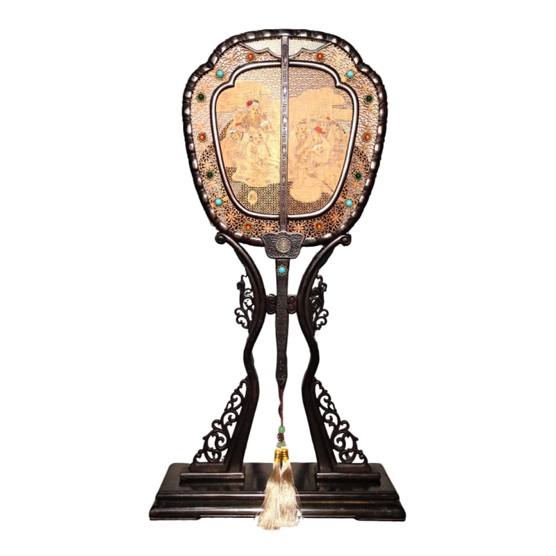 Ebony wood inlaid with sandalwood palace fan screen ornaments. (1 of 10)