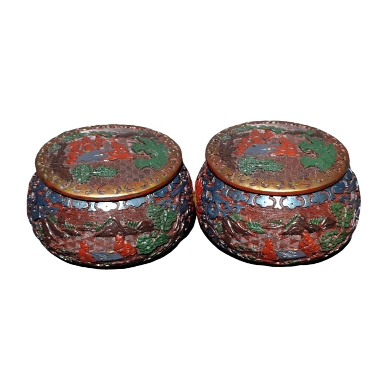 Qing Dynasty lacquerware "Pine and Chess" lacquer painted pair of Go game containers. (1 of 13)