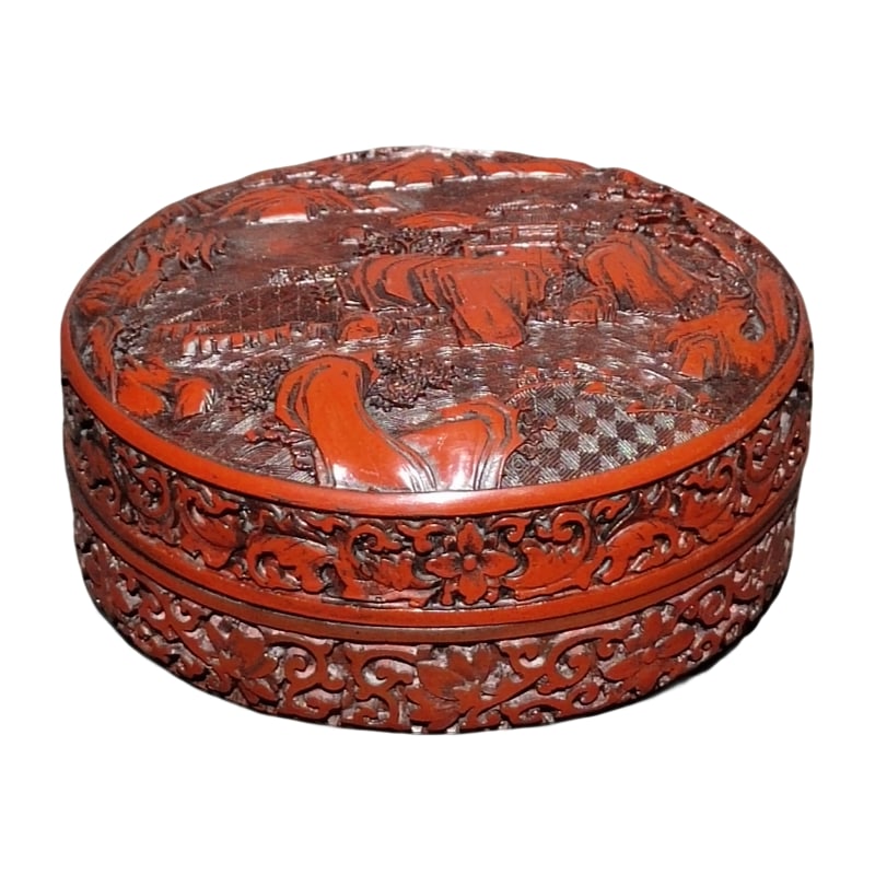 Qing Dynasty carved red lacquer box, Penglai fairyland lacquer jewelry box, hand-held box, and (1 of 10)