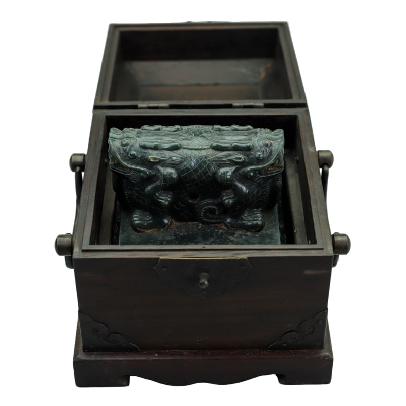 A Hetian jade green jade seal with twin dragons. (1 of 11)