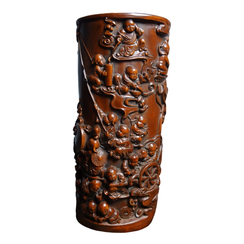 Boxwood Hundred Children Pen Holder: Boxwood pen holder, 7.5cm in length, 6.3cm in width, 18cm in height, weighing 457g.