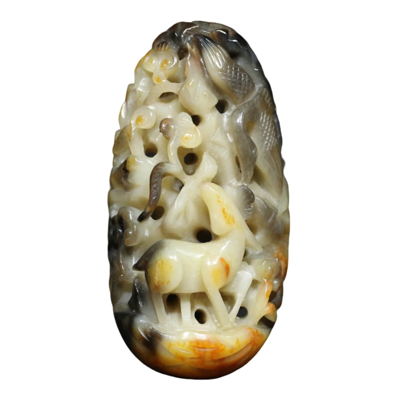 Lao Hetian jade deer and crane in spring, a set. (1 of 10)