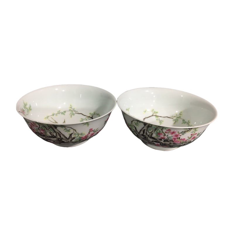 A pair of Qing Dynasty Yongzheng floral and bird pattern bowls.: A pair of Qing Dynasty Yongzheng floral and bird pattern bowls, with a diameter of 16cm and a height of 7cm.