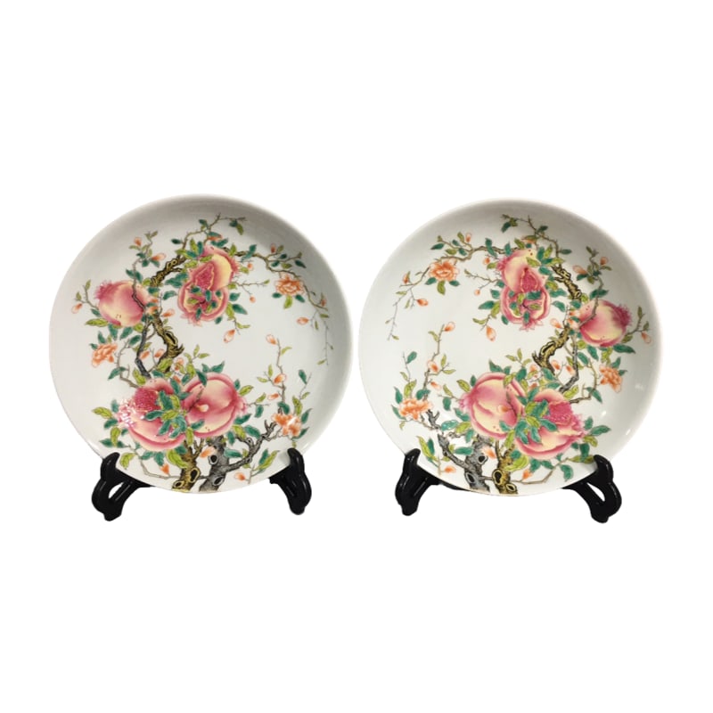 Qing Yongzheng famille rose three-tiered dishes, a pair. (1 of 9)