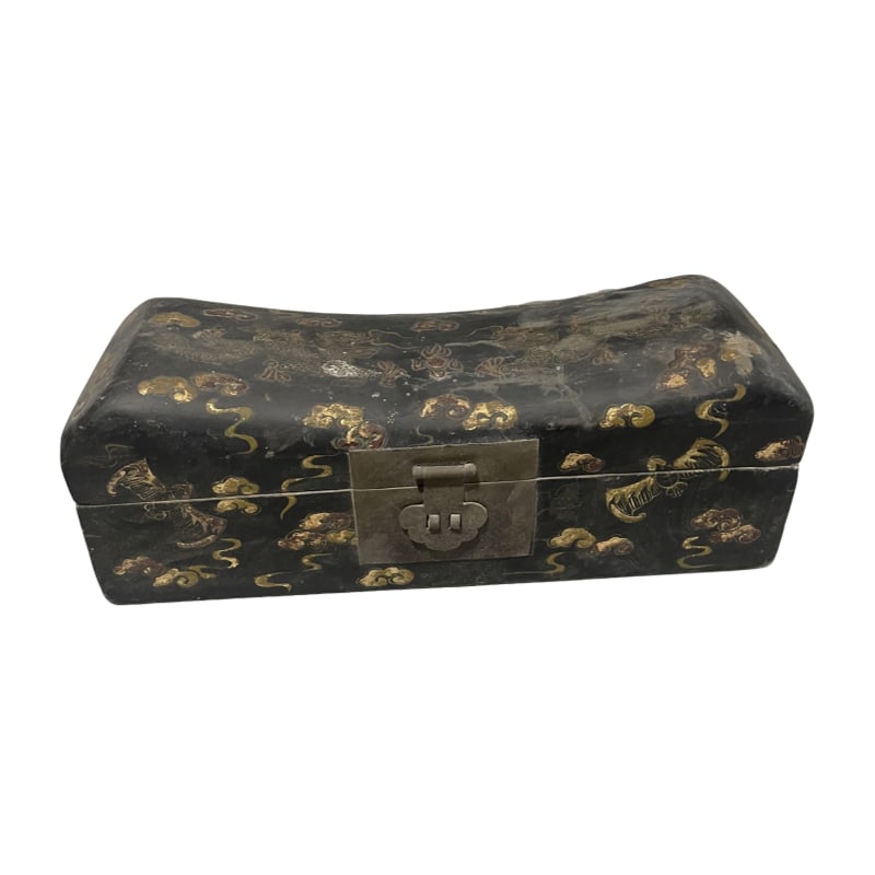Imperial Qing Dynasty Kangxi period, lacquer box with gold-painted design of two dragons playing: Imperial Kangxi period lacquerware pillow box made from old wood, with gold-painted design of two dragons playing with a pearl, bats, and clouds. It measures 31.8 cm in length, 10.5 cm in width, and 1
