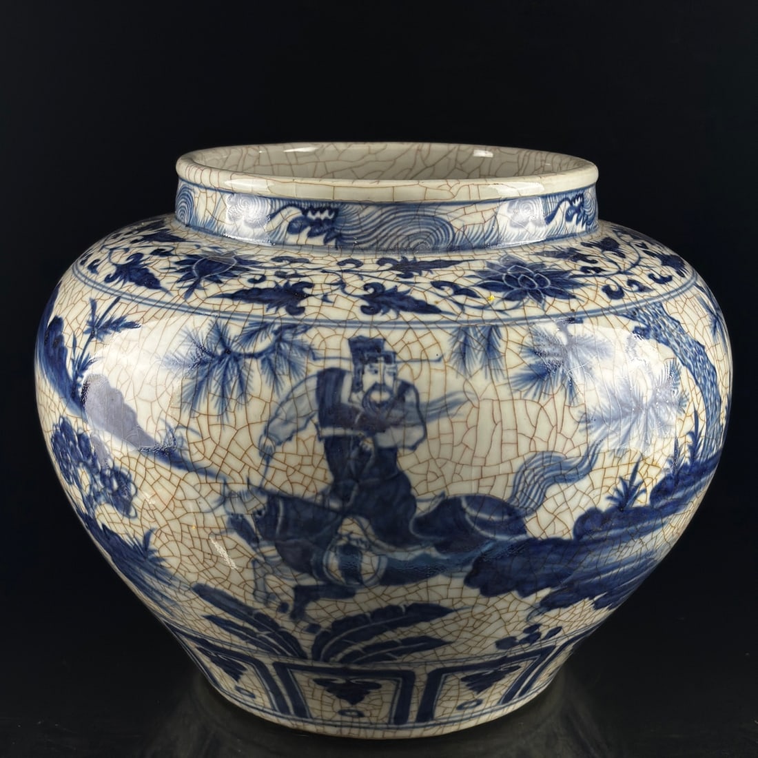 Blue and white hand-painted jar depicting Xiao He chasing Han Xin under the moon (1 of 7)
