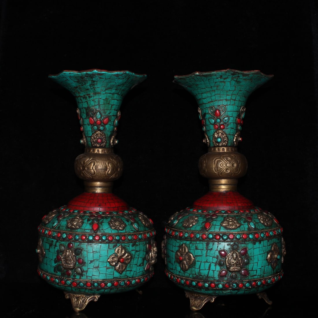 A pair of copper inlaid with red pine and green pine gemstone vases. (1 of 9)