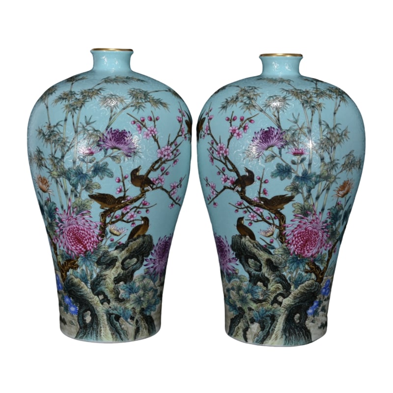 Qing Dynasty Yongzheng period spinach green ground famille rose 'flower and bird' meiping vase. (1 of 13)