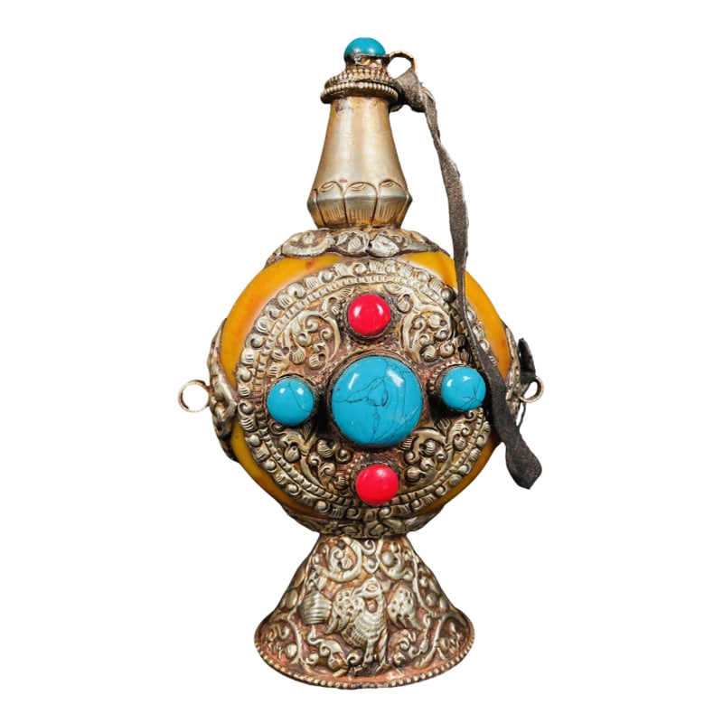 Large Tibetan pure handmade beeswax snuff bottle with silver inlay and turquoise. (1 of 8)