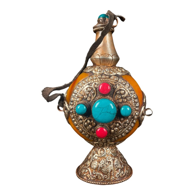 Large Tibetan pure handmade beeswax snuff bottle with silver inlay and turquoise. (1 of 9)