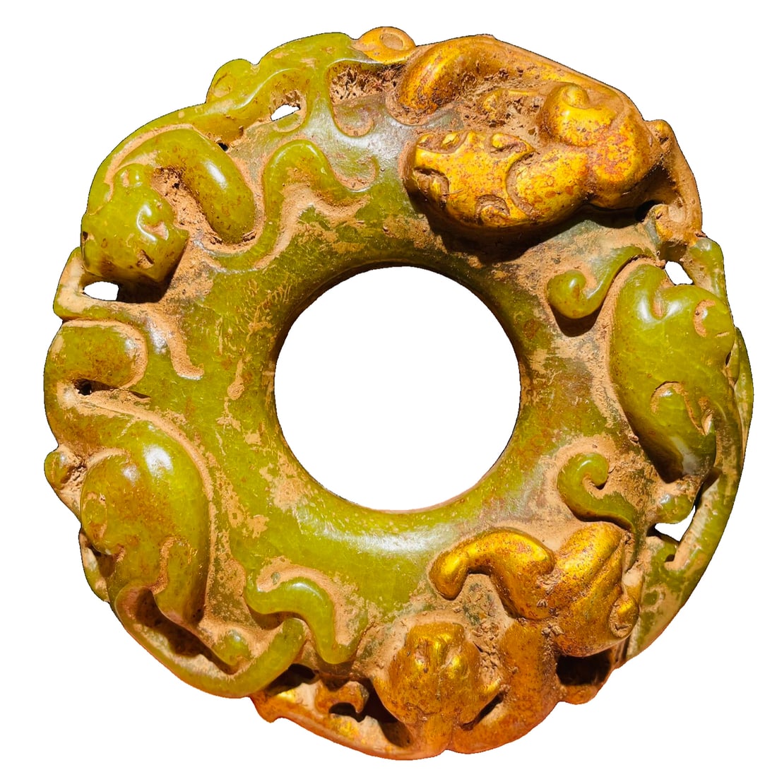 Hotan jade with gold-inlaid raised dragon design jade bi (1 of 7)