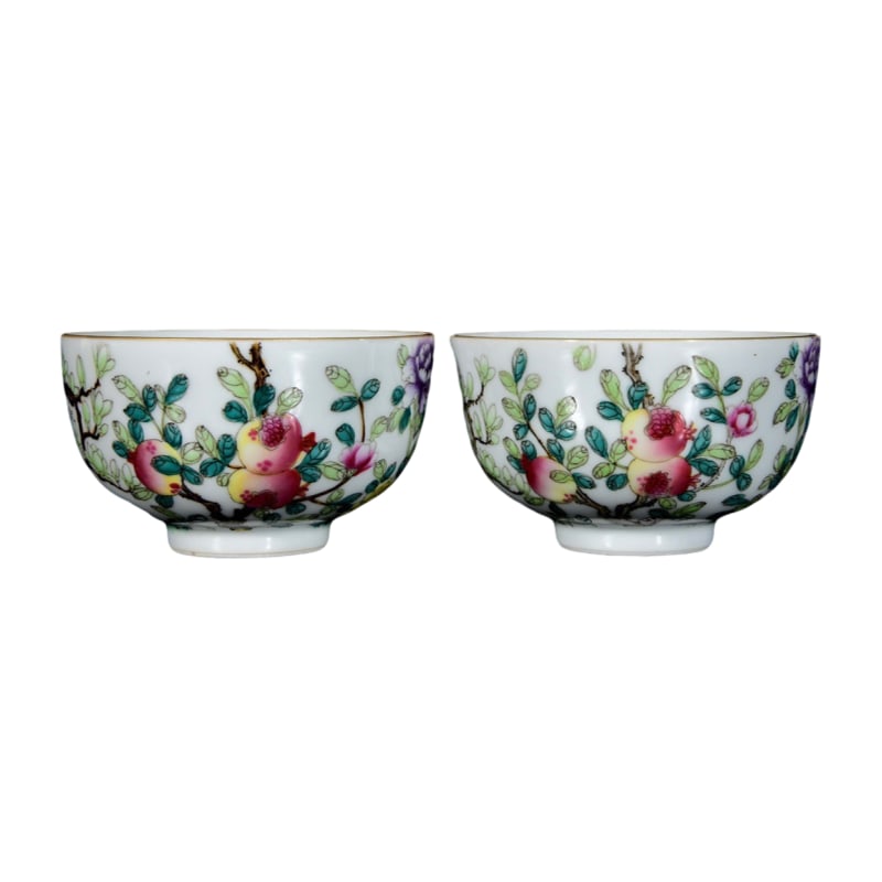A pair of Qing Dynasty Qianlong enamel floral pattern cups.: Pair of Qing Qianlong cloisonné enamel cups with floral patterns; 5.3x9.2 centimeters.