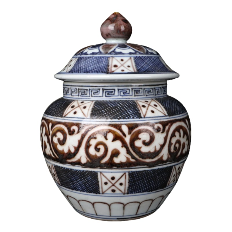 Ming Dynasty blue and white porcelain jar with underglaze red geometric patterns (1 of 9)