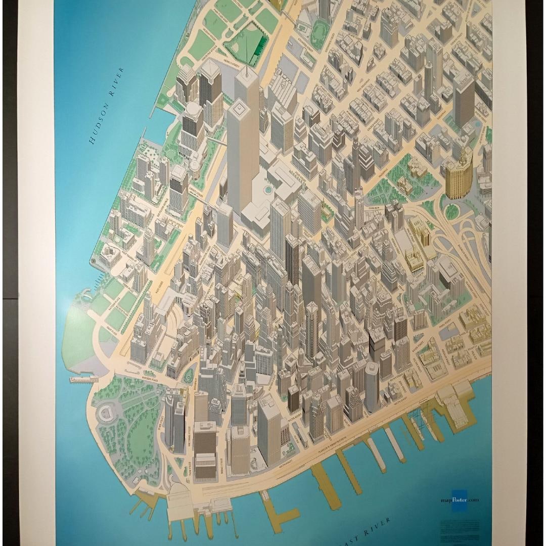 New York Map Manhattan Downtown 2001 Edition Ultra-Detailed Bird's-Eye View: This is a bird's-eye view map of downtown Manhattan, New York City, drawn in 2001, with very rich details. Downtown Manhattan: An Isometric View of the Big Apple This is a map of the downtown (lower) 