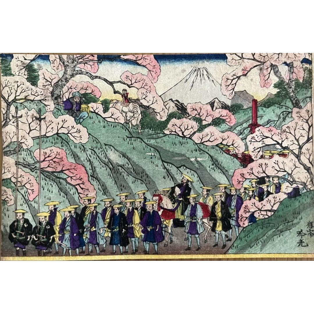Authentic - Meiji Period Genuine Ukiyo-e Woodblock Print by Ginko on Request "Mountain Path in Full: This is a Meiji period ukiyo-e woodblock print by the artist Oju Ginko. The artwork depicts a procession moving along a mountain path, surrounded by blooming cherry blossoms. The renderings of Mount F