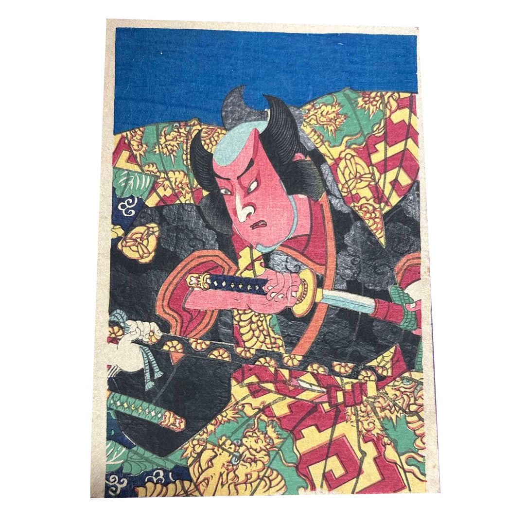 Rare Ukiyo-e Actor Print Antique Kabuki Ukiyo-e: This is a rare ukiyo-e print (actor portrait). Its vibrant colors and delicate lines showcase the theatrical culture of Edo-period Japan. A set of 8 pieces Dimensions: Height 18 cm, Width 12.5 cm. Com