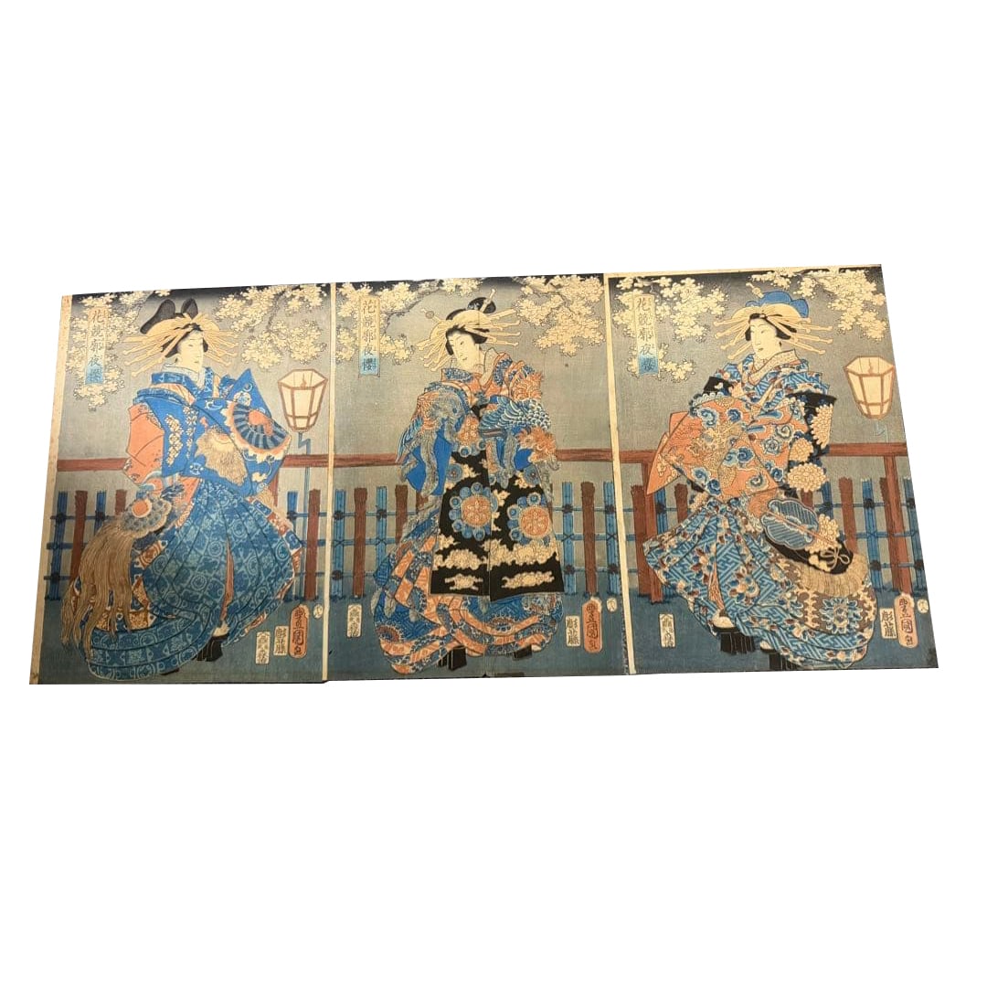Toyokuni Edo Ukiyo-e Woodblock Print: "Night Cherry Blossoms": Toyokuni Edo Ukiyo-e Print: "Night Cherry Blossoms" The item exhibits stains and dust related to its age, as well as wear from handling.