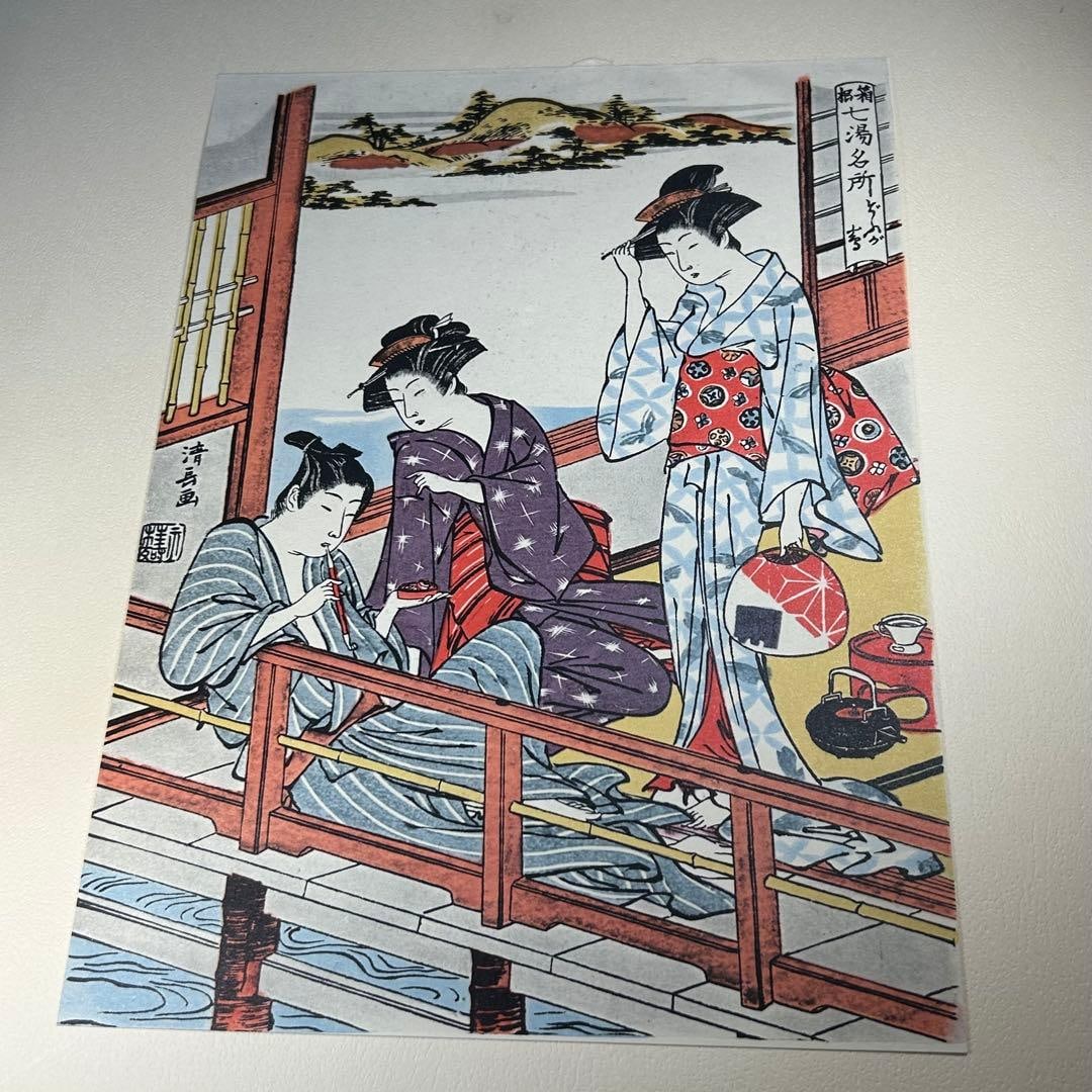 Qing Dynasty Ukiyo-e: The Seven Hot Springs of Hakone and Dojo Island: This is a ukiyo-e woodblock print by Kiyoyasu titled "Famous Hot Springs of Hakone: Dodojima." Due to long-term storage, the item has exhibited some aging, scratches, stains, discoloration, sun damage