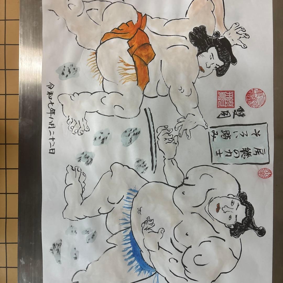 Watercolor Painting of a Sumo Wrestler, A4 Size, Hand-Painted, Guaranteed Authentic: A vividly colored watercolor painting depicting a sumo wrestling match. Style: Sumo Painting Technique: Watercolor Theme: Sumo Wrestling Scene Tonal Quality: Light Tones Dimensions: A4 Size