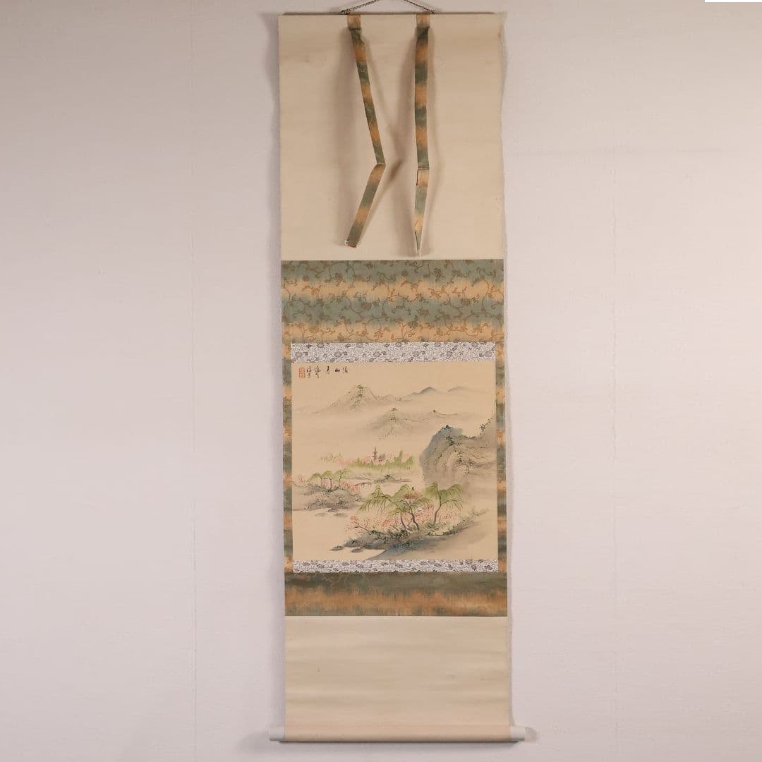 Signed "Zuikei" Spring Landscape Painting, "Keizan Shun" (Mountain and Water), Silk Hanging Scroll,: Inscribed Zuikei, "Spring Landscape" (Keizan Haru), Landscape, Ink and Color on Silk, Hanging Scroll, with Tomobako The surface exhibits discoloration, stains, dust, minor scratches, and other age-rel