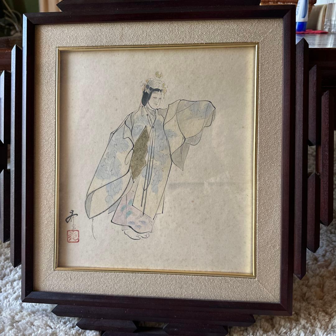 A Japanese painting depicting Noh theater, accompanied by a wooden frame.: Japanese Painting, Noh Theater Fitted with a wooden frame. Type of Artwork: Japanese Painting Frame Material: Wood Dimensions: Approximately 40 cm x 43 cm Signature: Artist's Seal