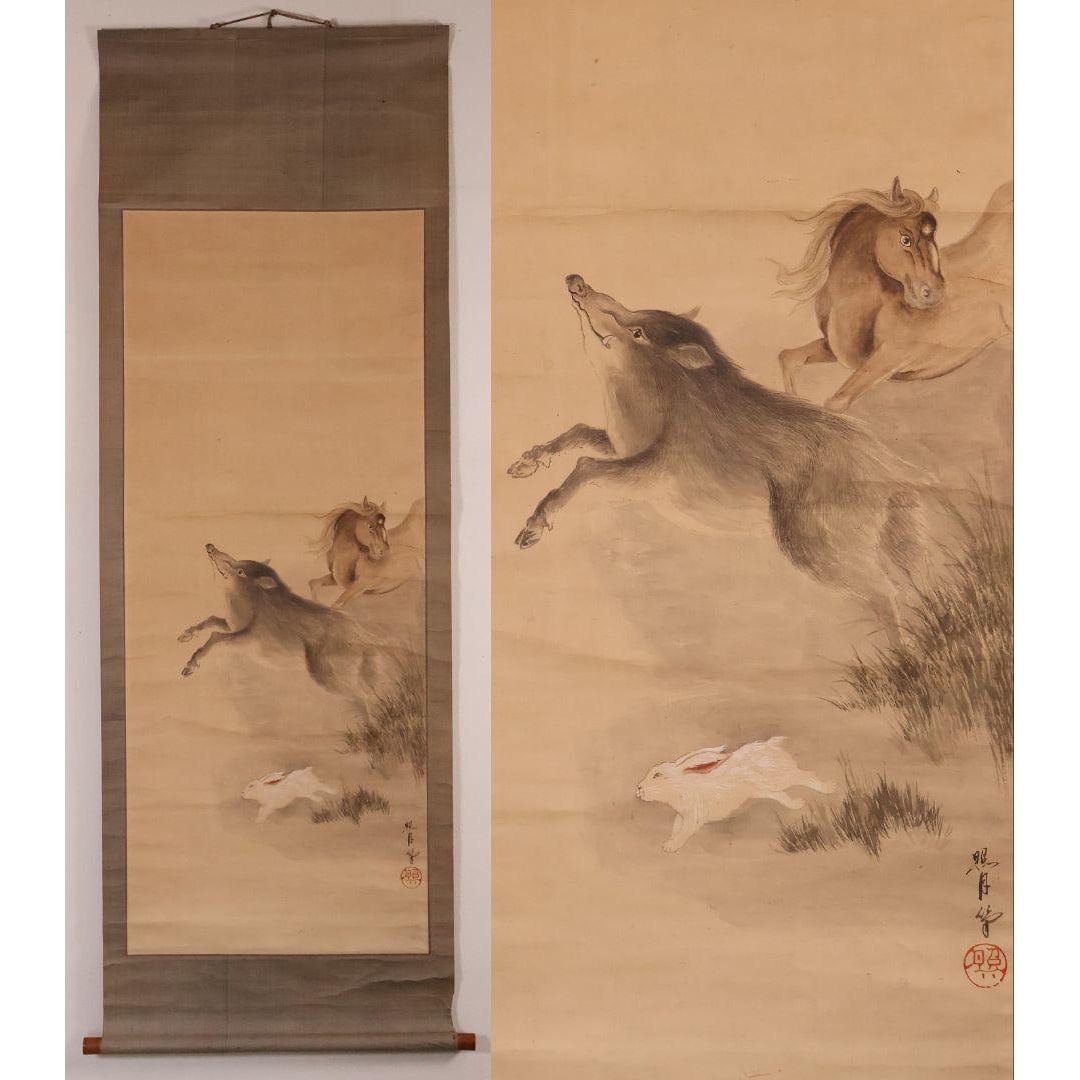 Japanese Painting Signed Shogetsu Animal Motif Ink on Paper Hanging Scroll: Japanese Painting Signed by Shogetsu, Animal Motif, Ink on Paper, Hanging Scroll The surface exhibits discoloration, stains, scratches, tears, creases, and other age-related signs of wear. The mountin