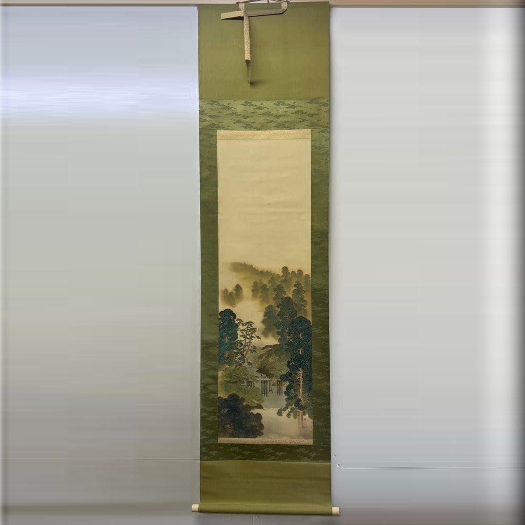 Japanese painting, landscape, hanging scroll.: A hanging scroll depicting Japanese landscapes, primarily in green and brown tones. Technique: Nihonga (Japanese painting) Subject: Landscape Dimensions: Mounted 193 x 50 cm, Paper 114 x 36 cm Materia
