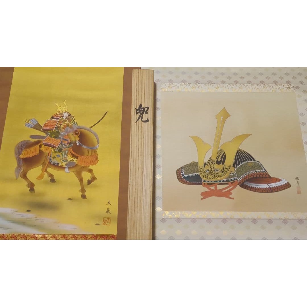 Two hanging scrolls, respectively titled "Kinto" and "Hanaka no Mokuba Musha-e" (Japanese: Two hanging scrolls, respectively titled "Muscle Helmet" and "Warrior Painting in the Flower Field" Dimensions 142 cm (height) x 71.5 cm (width) 177 cm (height) x 59 cm (width)