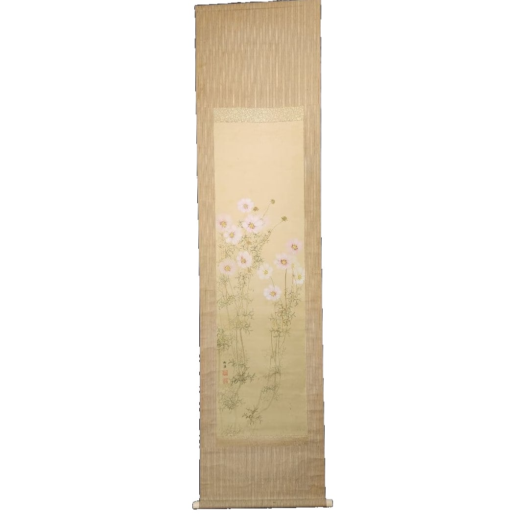 Taba Shorei Hanging Scroll, Hand-painted: Hanging Scroll by Tanaba Shorei, Hand-painted The main text measures approximately 125 x 36 cm. The overall dimensions are approximately 199 x 55 cm. Silk mounting: Accompanied by a wooden box. Condit