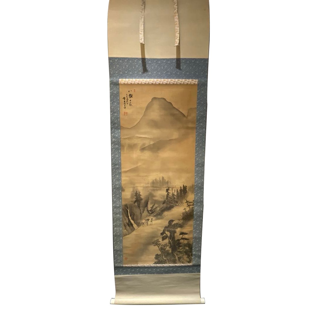 Ink Painting Hanging Scroll: Landscape, Tea Ceremony Utensils: A hanging scroll depicting a landscape scene in a gentle and elegant ink painting style. Type: Hanging Scroll Technique: Ink Painting Theme: Mountains and Scenery Figures: Horses and People Color Sche