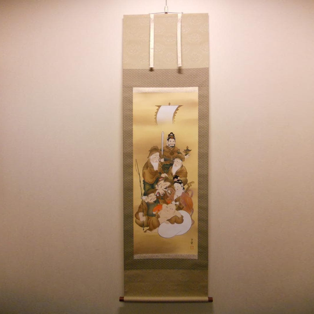 This is a rare and exquisitely mounted silk hanging scroll by Araki Honan, depicting the Seven Lucky: This is a rare and exquisitely mounted silk hanging scroll by Araki Honan, depicting the Seven Lucky Gods. Dimensions (main paper): 403 x 1020 mm This hanging scroll depicts the Seven Lucky Gods: Daik