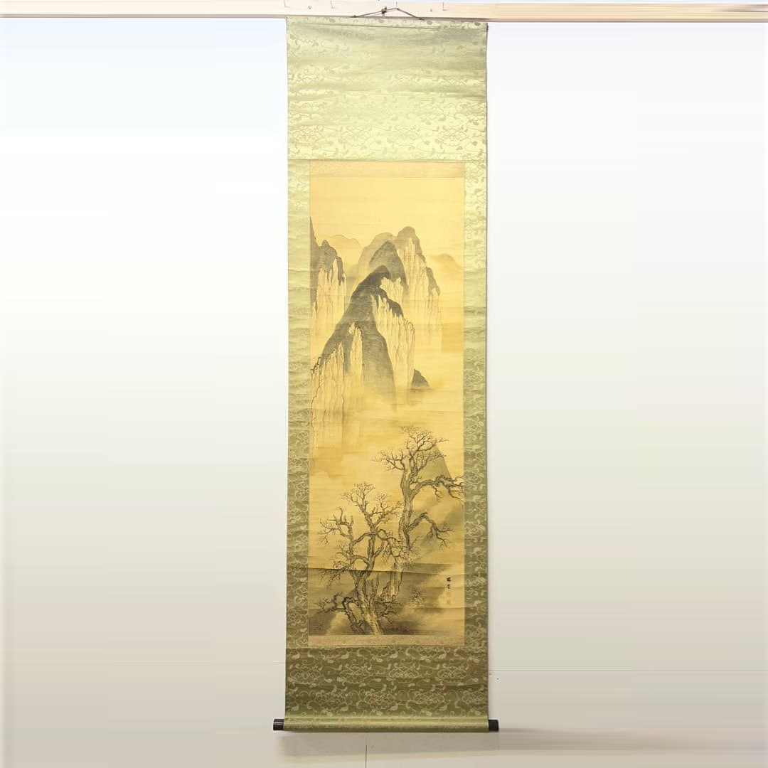 Japanese painting, landscape painting, ink wash painting.: A landscape painting with soft tones, executed in the traditional Japanese medium of ink and paper. Style: Nihonga (Japanese Painting) Subject: Landscape Color Scheme: Light Tones Material: Silk Mount