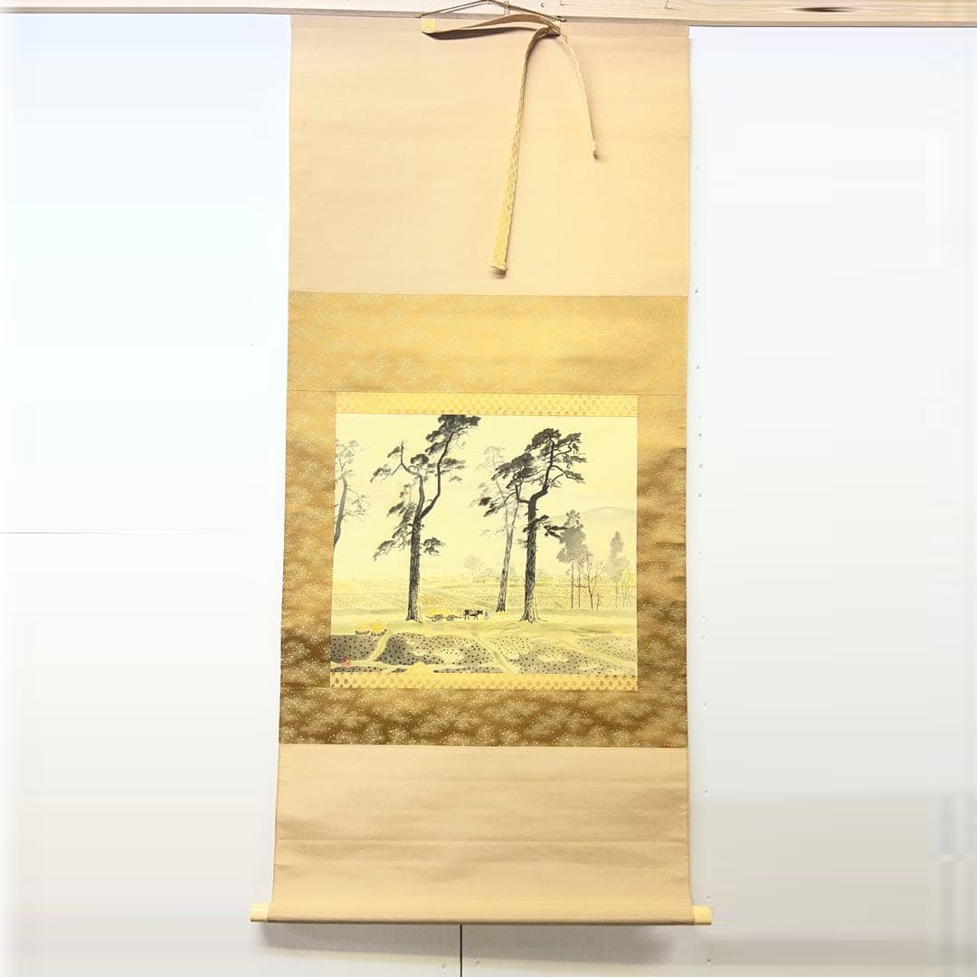 Japanese painting, landscape painting, hand-painted on silk.: Japanese painting depicting landscapes with soft colors. Technique: Nihonga (Japanese painting) Subject: Landscape Material: Silk Color scheme: Light colors Mounting dimensions approximately 148 x 67 
