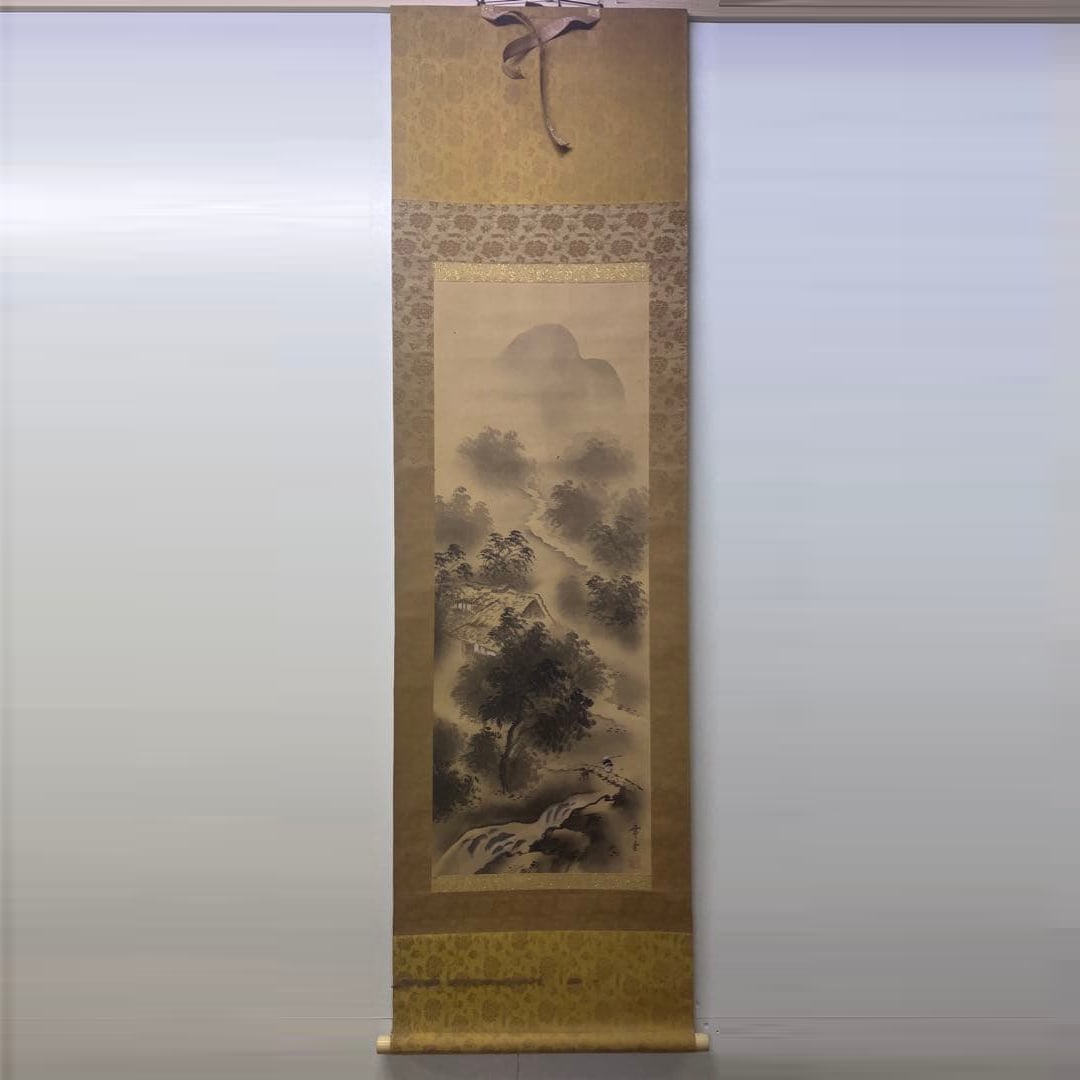 Landscape painting, Japanese-style painting, hand-painted on silk.: A landscape painting depicted in light ink wash Technique: Japanese painting Subject: Landscape painting Color: Ink color Mounting dimensions approximately 179 x 51 cm Paper dimensions approximately 1