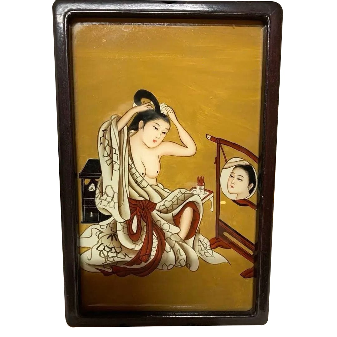 Glass painting, portrait of a beauty, Chinese antique.: Reverse glass painting, portrait of a beauty, Chinese antique. Chinese reverse glass painting of a beauty The exact date is unknown, but for those who appreciate antiques, this would be a fine choice.