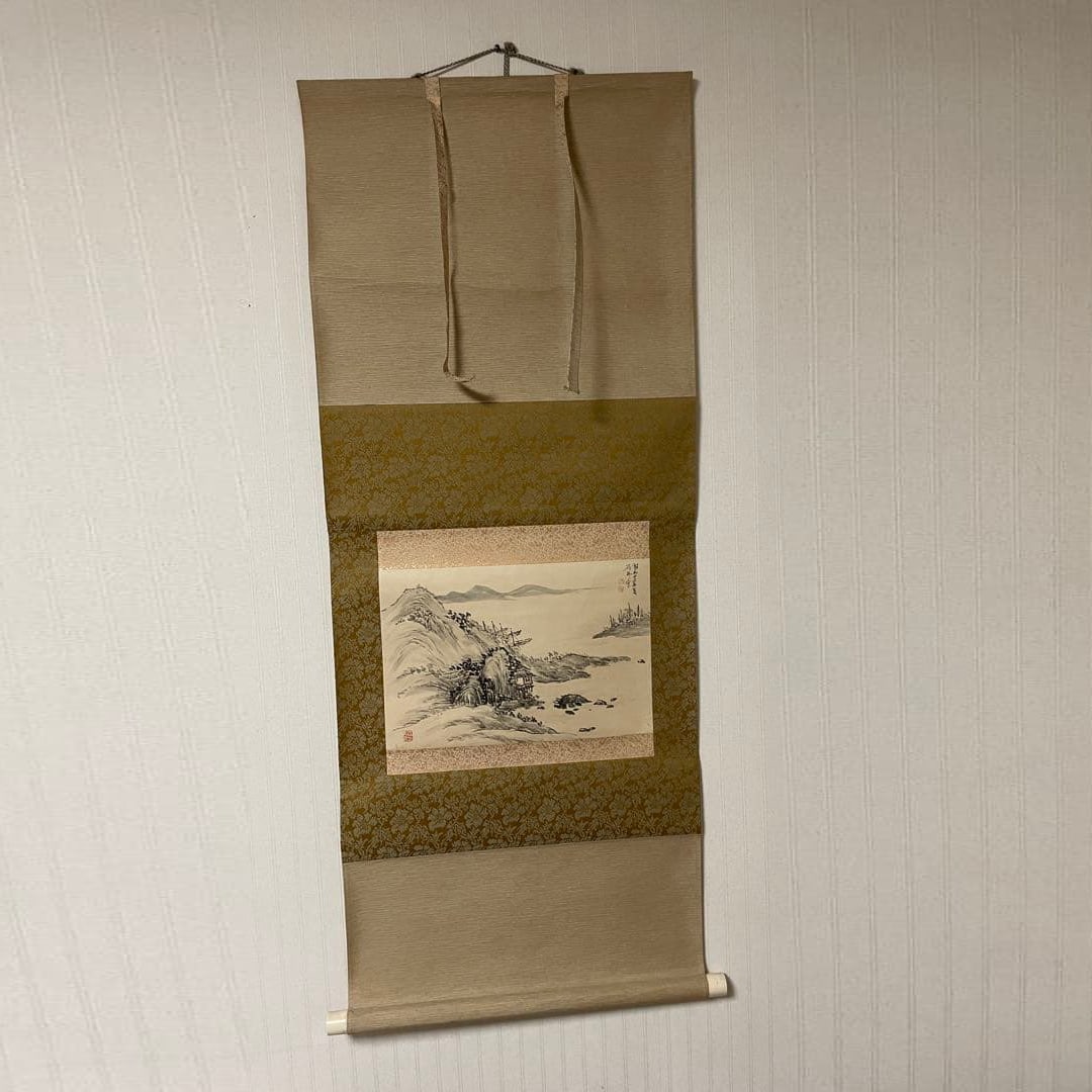 Hand-painted Landscape Hanging Scroll: Hand-painted landscape hanging scroll. Approximately 46 x 116 cm, in excellent condition.