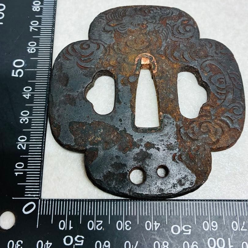 Antique Iron Tsuba (Sword Guard), Pierced with Cloud and Dragon Motif: Antique Iron Tsuba (Sword Guard), Openwork Cloud and Dragon Design, Iron Frame Due to its age, the item shows signs of use and stains. All photographs are of the actual item.