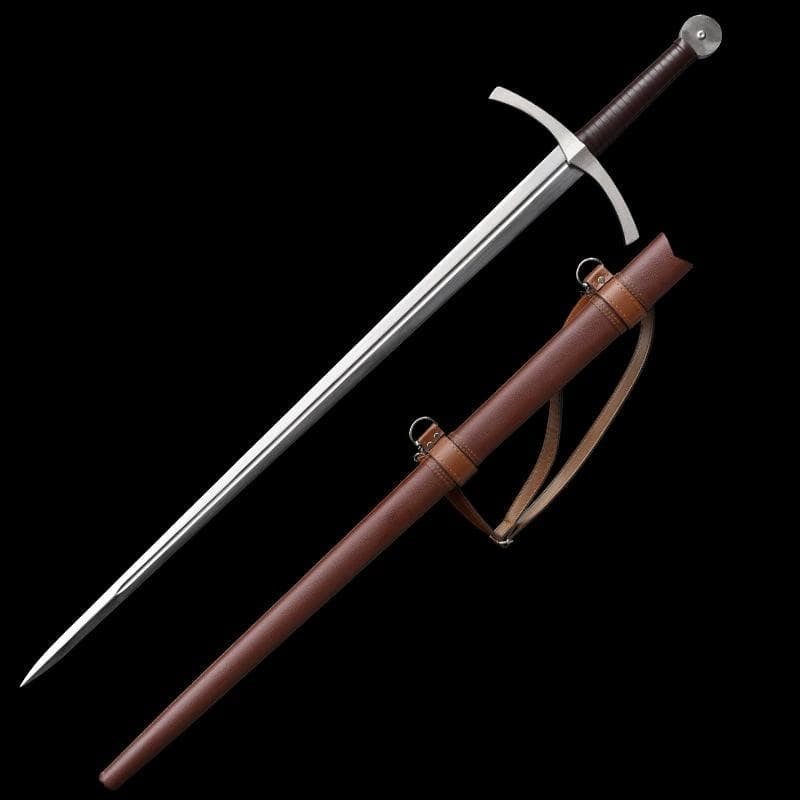 Tiger Leg Half Sword, Knight Sword, Tanuki Style, Hand Forged: Overall Length: 120 cm Blade Length: 88 cm Steel Material: 65 Manganese Steel (65Mn Steel) Scabbard Material: Solid Wood + Leather Wrap Orthosis: Stainless Steel Weight: With Scabbard 1.6 kg / Without